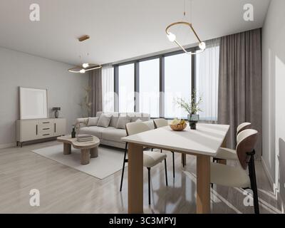 Ein modernes Wohnzimmer fügt sich nahtlos in einen stilvollen Essbereich mit eleganten Möbeln, großen Fenstern und minimalistischer Einrichtung ein. Neutrale Töne cre Stockfoto