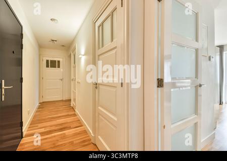 Ein eleganter und moderner Flur mit eleganten Türen, warmem Holzboden und viel Beleuchtung schafft eine einladende Atmosphäre Stockfoto