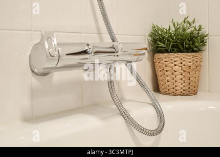 Ein eleganter Chrom-Wasserhahn ist an einer gefliesten Badezimmerwand montiert, begleitet von einer grünen Pflanze in einem gewebten Korb. Diese moderne Umgebung verbindet Funktionalität mit Stockfoto