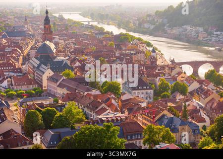 Panoramaaufnahme von Heidelberg, Deutschland, mit seiner historischen Architektur und dem Neckar unter sanftem goldenem Licht. Stockfoto