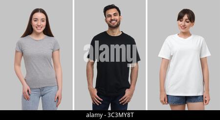 Menschen in verschiedenen T-Shirts vor grauem Hintergrund. Modell für Design Stockfoto