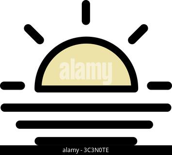 Ein einfaches Symbol stellt einen Sonnenuntergang über dem Meer oder Wasser dar, mit einer gelben Sonne und schwarzen Wellen. Stock Vektor