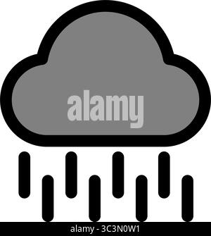 Ein minimalistisches Symbol zeigt eine graue Wolke mit schwarzen Regentropfen, die von ihr herabfallen und regnerisches Wetter repräsentieren. Stock Vektor