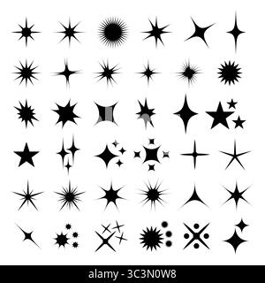 Shiny-Symbole Eingestellt. Sternsymbole. Funkelnde Sterne. Symbole für Glimmer, Glimmer und Glühen. Set von Sternsymbolen. Stock Vektor