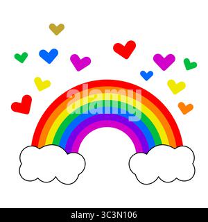 Farbenfroher Regenbogen mit Herzen und Wolken. Ein klassischer Regenbogen, der sich zwischen zwei flauschigen weißen Wolken erhebt, schafft eine skurrile und herzerwärmende Szene. Stock Vektor