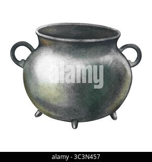 Leerer gusseiserner Kessel. Handgezeichnete Aquarellillustration. Konzeptdesign für St. Patrick's Day, Halloween und vieles mehr. Für Grußkarten Stockfoto