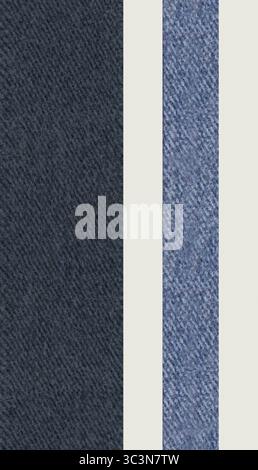 Blaue Denim-Streifen erzeugen ein strukturiertes vertikales Muster auf weißem Hintergrund Stockfoto
