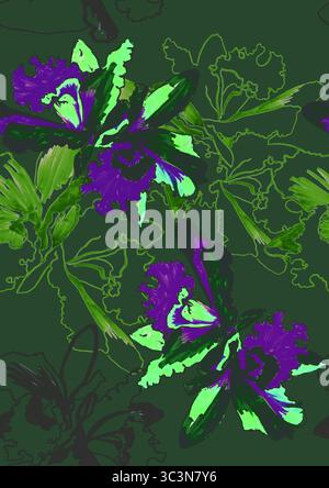 Violette und grüne Blumen sind in einem nahtlosen Aquarellmuster angeordnet Stockfoto