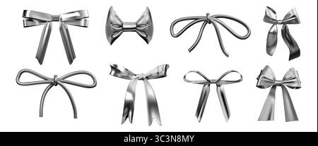 Silbernes 3D-Band. Y2K-Geschenkschleife, Chrom- oder Metallformelemente, Coquette-Krawatte im Hologramm. Flüssiger bowknot. Rendern Sie glänzende isolierte dekorative trendige Objekte, Verpackungen und Boxen Design, Vektorsymbole Set Stock Vektor