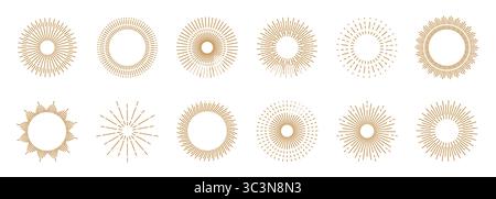 Sonnenlicht. Runden Sie die Strahlen, goldene Sonnenstrahlen, funkelndes und geplatztes goldenes Emblem. Vintage-Feuerwerk-Form, Retro-Sonnenschein. Runde Rahmen isolierte dekorative Grafiken. Logo-Design. Geometrisches Set für Vektorkontur Stock Vektor