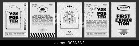 Y2K-Elementsatz. Retro-Design-Formen, trendige moderne Geometrie Schwarz-weiß-Figur in abstrakter minimaler Ästhetik. Zukünftige Stars. Hintergrundgrafik mit Kopierraum für Text. Vektorposter Stock Vektor