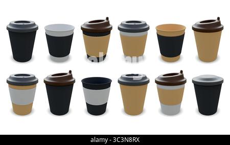 Kaffeetasse. Weißer Papierbecher, 3D-Abdeckung für Heißgetränke zum Mitnehmen oder leerer Kunststoffdeckelhalter, isoliertes Set. Menü realistische Elemente. Latte-, Espresso- und Cappuccino-Kartonverpackung, Vektorgläser Mockup Stock Vektor