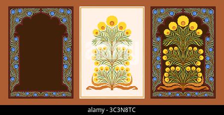 Blumenmotiv. Mogulflorale Kunst. Indische ethnische Ornamente oder Rahmen mit Pflanzenvolk-Design. Vintage-Baumschmuck. Botanischer Rand. Traditioneller türkischer Vintage-Bunch mit Blüten. Isolierte Vektorstickerei Stock Vektor