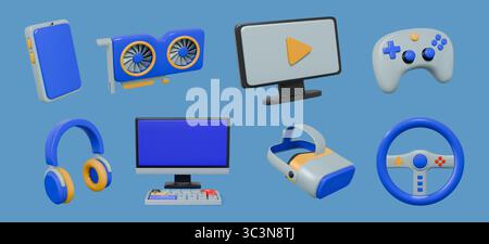 3D-Gadgets. Kopfhörer für Videospiele. Elektronische Geräte. Laptop-Bildschirm. Computertastatur. VR-Gamer-Gerät. Joystick zur Videospielsteuerung. Digitales Spielzeugkissen. Vektor-Hardware-Rendering-Objektgruppe Stock Vektor
