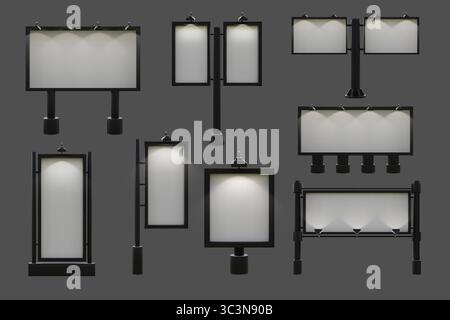 Reklametafeln. Vertikales oder horizontales Stadtschild. Außenrahmen für Bill Board. 3D-Postermotiv. Vorlage für Werbezeichen. Leere Lightbox-Anzeige. Vektor-realistische Werbebanner am Straßenrand Stock Vektor