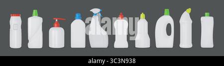 Waschmittelflasche. Sauberes Modell, realistischer Reinigungsbehälter für Badezimmer, Desinfektionsseifenpaket mit Spender und Spray. Kunststoff-Waschbox. Housekeeping Wäscherei Reinigungsmittel, Vektor 3D Mock up Set Stock Vektor