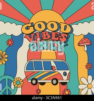 Hippie-Poster. Psychedelische Cartoon-Banner. Gute Atmosphäre. Reisebus im Auto. Sonnenstrahlen des Himmels. Farbenfroher Regenbogen. Hippie-Friedenssymbol. Blumen und Pilze. Retro-Plakat der 60er Jahre. Vektor-nostalgische surreale Karte Stock Vektor