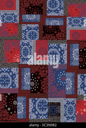 Ein nahtloses Patchwork-Muster besteht aus geometrischen Designs in Rot, Blau und Schwarz Stockfoto