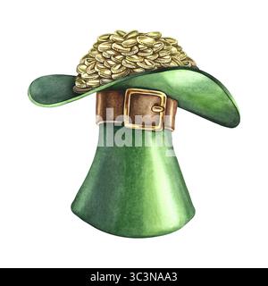Ein Kobold-Zylinder voller Münzen. Handgezeichnete Aquarellillustration. Konzeptdesign für St. Patrick's Day. Für Grußkarten, Banner und Stockfoto