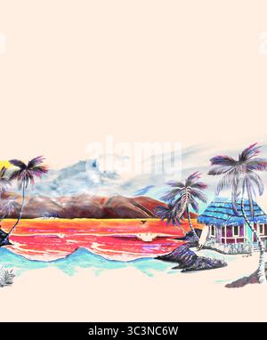 Palmen und eine Hütte schmücken eine tropische Strandszene in einem Aquarellbild Stockfoto