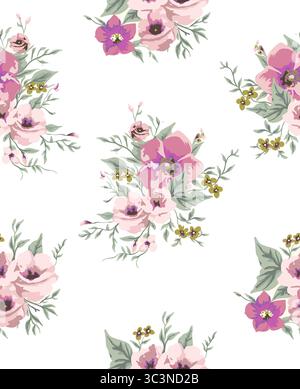 Nahtloses Blumenmuster mit rosa Blumen isoliert auf weißem Hintergrund Stockfoto