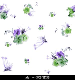 Nahtloses Blumenmuster mit grünen und lila Blumen isoliert auf weißem Hintergrund Stockfoto