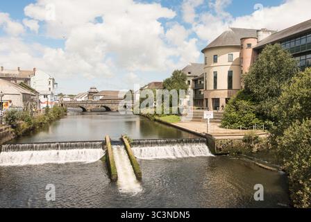 Weir mit Fisch überquert den Fluss Cleddau in Haverfordwest, Pembrokeshire, Wales, Großbritannien Stockfoto