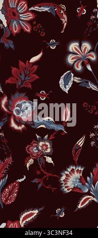 Vintage-Blumenmuster mit roten und blauen Blumen auf dunkelbraunem Hintergrund Stockfoto