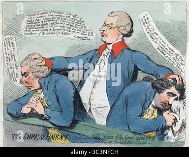 Ein lustiger, humorvoller Druck des Amtsenthebungsverfahrens oder des Vaters der Bande zu Königen Evidenz, 1791 Handfarbigkeit auf Papier im Vintage 18. Jahrhundert von James Gillray, antikes Druckkunstwerk menschliche Karikaturen, satirischer Druck. Er zeigt die politischen Folgen des Amtsenthebungsverfahrens gegen Warren Hastings, wobei er sich auf den wahrgenommenen Verrat von Richard Sheridan konzentriert, der als „Vater der Bande“ dargestellt wird, der sich gegen seine ehemaligen Verbündeten wendet. Der Druck kritisiert die wechselnden Bündnisse und den politischen Opportunismus dieser Zeit während der Debatten um die Französische Revolution Stockfoto