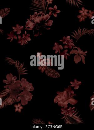 Ein dunkles, nahtloses Blumenmuster mit tropischen Blumen sorgt für ein elegantes Vintage-Design Stockfoto
