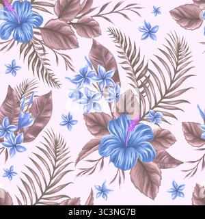 Das nahtlose Muster zeigt blaue Hibiskus- und Plumeria-Blüten mit malvenfarbenen Blättern Stockfoto