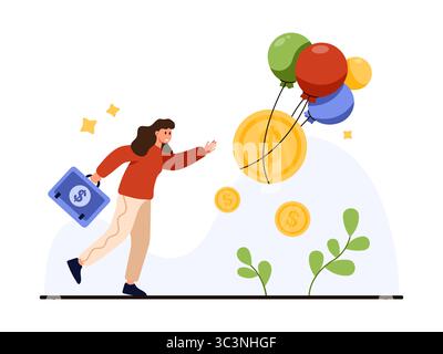 Eine fröhliche Frau greift nach schwebenden Münzen und bunten Ballons, die Wohlstand und einen üppigen Lebensstil symbolisieren. Diese fesselnde Vektorillustration fängt dieses Wesen auf künstlerische Weise ein Stock Vektor