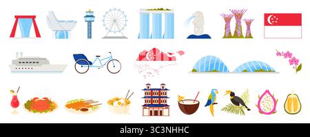 Reisen Sie nach Singapur, kulturelle Elemente, moderne und historische Wahrzeichen, kulinarische Sets. Singapur Flagge und Karte, ArtScience Museum and Gardens by the Bay Supertree, Laksa Cartoon Vektor Illustration Stock Vektor
