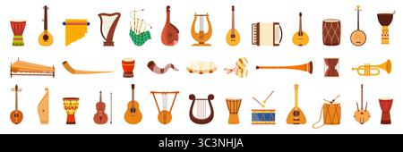 Verschiedene ethnische Musikinstrumente Set. Retro-Ausrüstung der Folk-Ensemble-Sammlung mit Trommel und Violine, Akustikgitarre und Dudelsack, Maracas und Schofar, Alphorn-Cartoon-Vektor-Illustration Stock Vektor