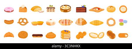 Desserts von Bäckerei, Gebäck-Set. Süßwarenladen-Sammlung mit Keks und Schokoladencreme-Kuchen, Tiramisu und Pfannkuchen mit Honig, Hot Dog Brötchen und Brötchen, Macaron Cartoon Vektor Illustration Stock Vektor