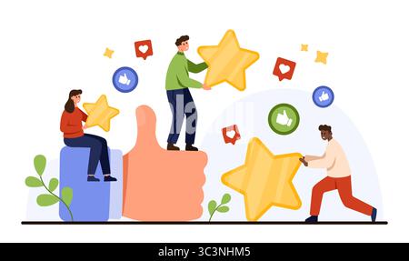 Diese farbenfrohe Vektor-Illustration zeigt verschiedene Menschen, die Erfolge mit Daumen nach oben feiern, umgeben von Sternen, und hebt Teamarbeit und positives Feedback in einer gemeinsamen Umgebung hervor Stock Vektor