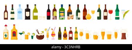 Bar- und Restaurant-Menü mit alkoholischen Getränken und Cocktails. Getränke der Alkohol-Sammlung in Glasflaschen und Weinglas, Bier und Wodka, weiß und rot, Sekt-Karikaturvektor-Illustration Stock Vektor