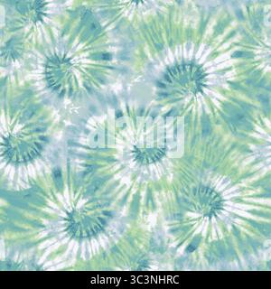 Das lebendige Tiedye-Muster zeigt Spiralen in Grün-, Blau- und Weißtönen Stockfoto