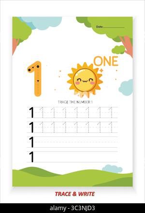 Nummer eins Übungsblatt zum Nachverfolgen und Schreiben für Kinder Lernen Sie das Nachzeichnen Schreiben und erkennen Sie die Nummer 1 mit übergroßen Umrissen und geführten Punkten Stock Vektor