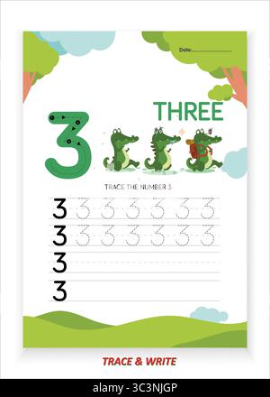 Nummer drei Übungsblatt zum Nachverfolgen und Schreiben für Kinder Lernen Sie das Nachzeichnen Schreiben und erkennen Sie die Nummer 3 mit großen Umrissen und gekennzeichneten Punkten Stock Vektor