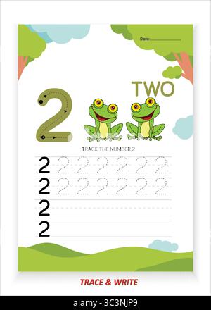 Nummer zwei Übungsblatt zum Nachverfolgen und Schreiben für Kinder Lernen Sie das Nachzeichnen Schreiben und erkennen Sie die Nummer 2 mit großen Umrissen und gekennzeichneten Punkten Stock Vektor