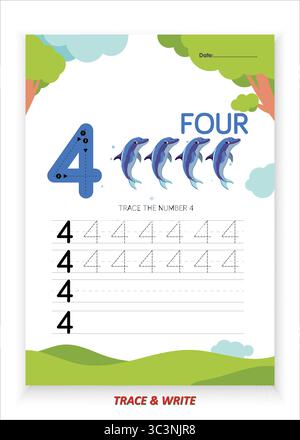 Nummer vier Übungsblatt zum Nachverfolgen und Schreiben für Kinder Lernen Sie das Nachzeichnen Schreiben und erkennen Sie die Nummer 4 mit großen Umrissen und gekennzeichneten Punkten Stock Vektor