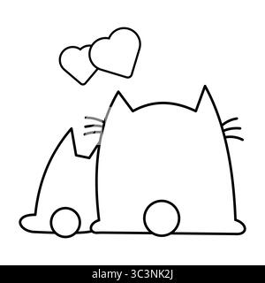 Katzen in Liebe mit Herzen Vektor-Illustration. Eine einfache schwarz-weiße Vektor-Illustration mit zwei stilisierten Katzen, die dicht beieinander sitzen. Stock Vektor