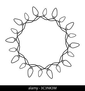 Festliche Schnur Lichtkranz Umrissillustration. Diese Illustration zeigt einen runden Kranz, der aus einer Reihe dekorativer Weihnachtslichter besteht. Stock Vektor