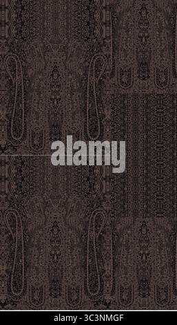 Ein dunkelbrauner Stoff zeigt ein dezentes Paisley-Muster und bietet ein Vintage- und strukturiertes Textildesign Stockfoto