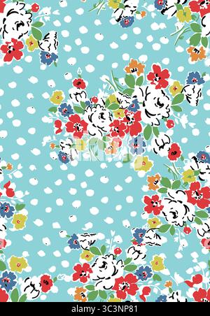 Ein bezauberndes Blumenmuster zeigt bunte Blumen und Polka Dots auf Aqua-Hintergrund Stockfoto