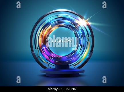 Abstraktes rundes 3D-blaues Podium mit Technologiekreisringen auf Hintergrund. Blauer lila Lichteffekt. Modell-Produkt mit blauem Hintergrund für Vektorwände Stock Vektor