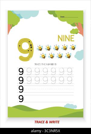 Nummer neun Übungsblatt zum Nachverfolgen und Schreiben für Kinder Lernen Sie, wie Sie die Nummer 9 nachverfolgen, schreiben und erkennen Sie die Nummer 9 mit großen Umrissen und gekennzeichneten Punkten Stock Vektor