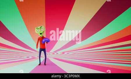 3D-Vektor-Rendering eines grünhäutigen Aliens in einem roten Pullover und einer blauen Hose, der auf einem Boden aus gewellten Pastellstreifen steht und ein glänzendes lila B hält Stockfoto