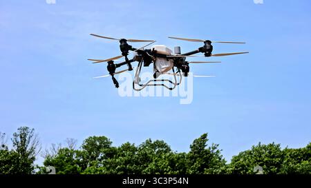 Landwirtschaftliche Drohne, die über das Feld fliegt, zur Überwachung des Ernteguts. High-Tech-Landwirtschaftsdrohne im Flug gegen den blauen Himmel, für die Präzisionslandwirtschaft, für die Ernte Stockfoto